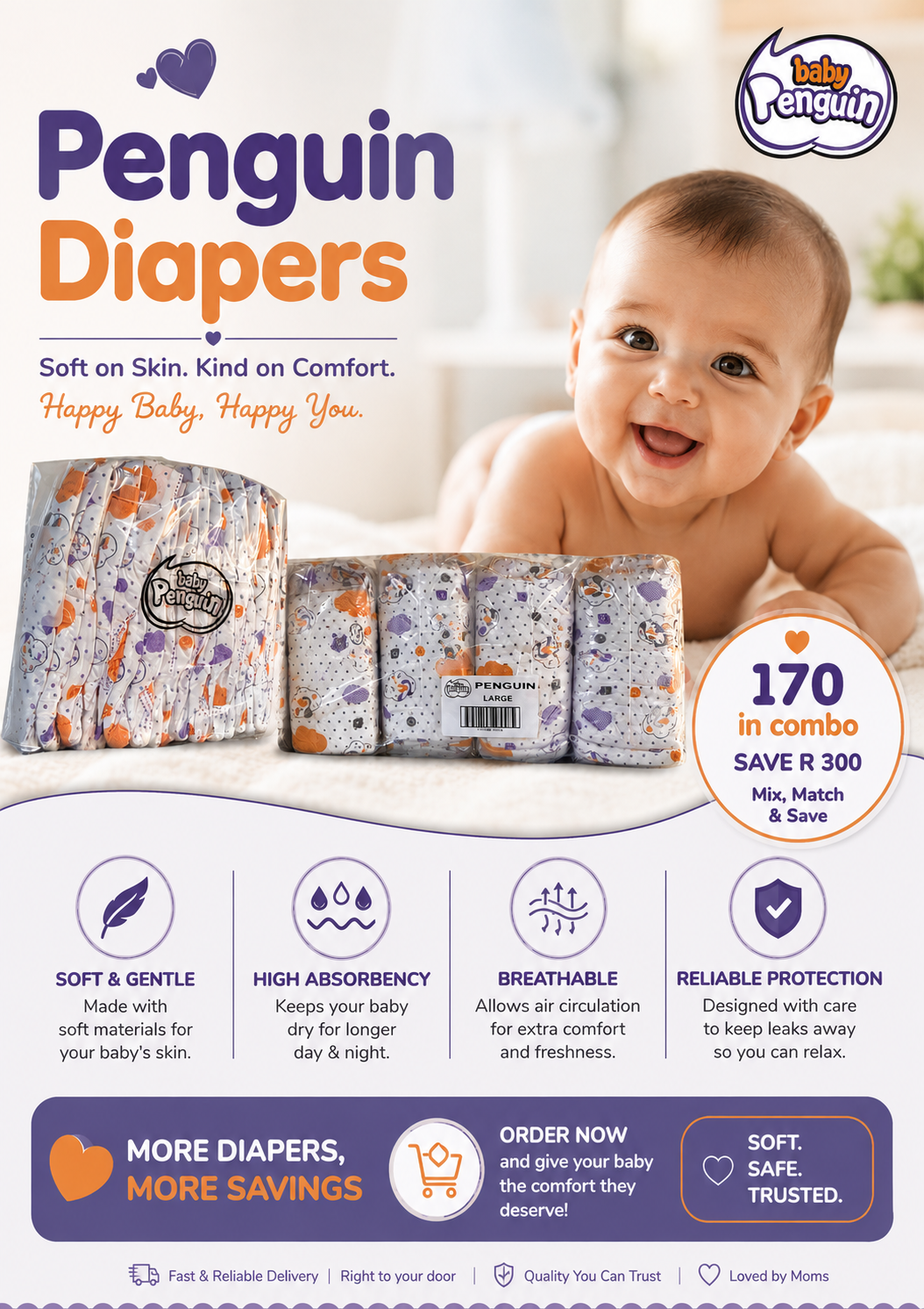 Penguin Baby Diapers 170 Pack | Ultra Soft, Secure Fit | Sizes NB–XXL
