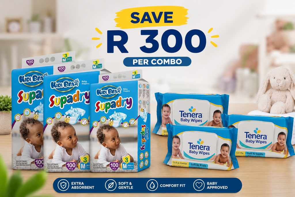 Kidi Bear Baby Diapers 300 Pack (3x100) + Free Wet Wipes | Sizes NB–XXL